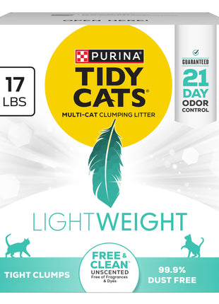 Purina Tidy Cats LightWeight Free and Clean Unscented, Multi-Cat, Clumping, 99.9 Percent Dust Free Cat Litter - 17 lb. Box
