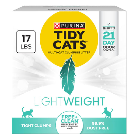 Purina Tidy Cats LightWeight Free and Clean Unscented, Multi-Cat, Clumping, 99.9 Percent Dust Free Cat Litter - 17 lb. Box