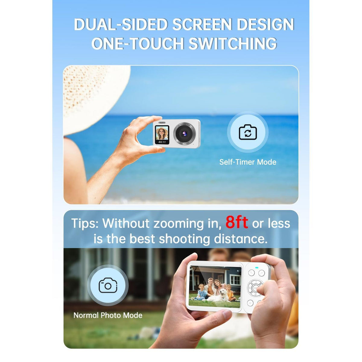 WABL Digital Camera, 4K 64MP UHD Dual Screens Camera, 18X Zoom, Portable Small Point and Shoot Digital Cameras with 64GB TF Card, 2 Rechargeable Batteries for Kids, Teens, Adult, Selfies, Gifts- White
