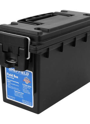 Sheffield 12629 Ammo Storage Box, Stackable .30 Cal Field Boxes, Water and Dust Resistant, Lockable Storage Box with Handle, Secures Hunting Gear, Supplies, and Bullets, Made in USA, Black, 1-Pack