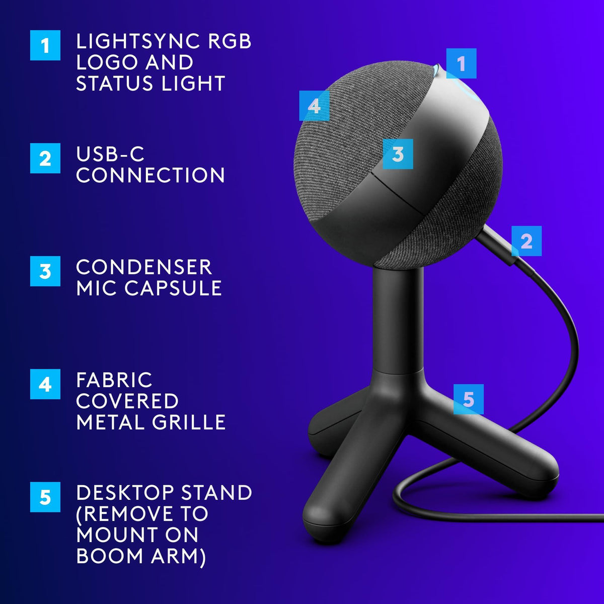Logitech G Yeti Orb Condenser RGB Gaming Mic with LIGHTSYNC, USB Mic for Streaming, Cardioid for PC/Mac - Black
