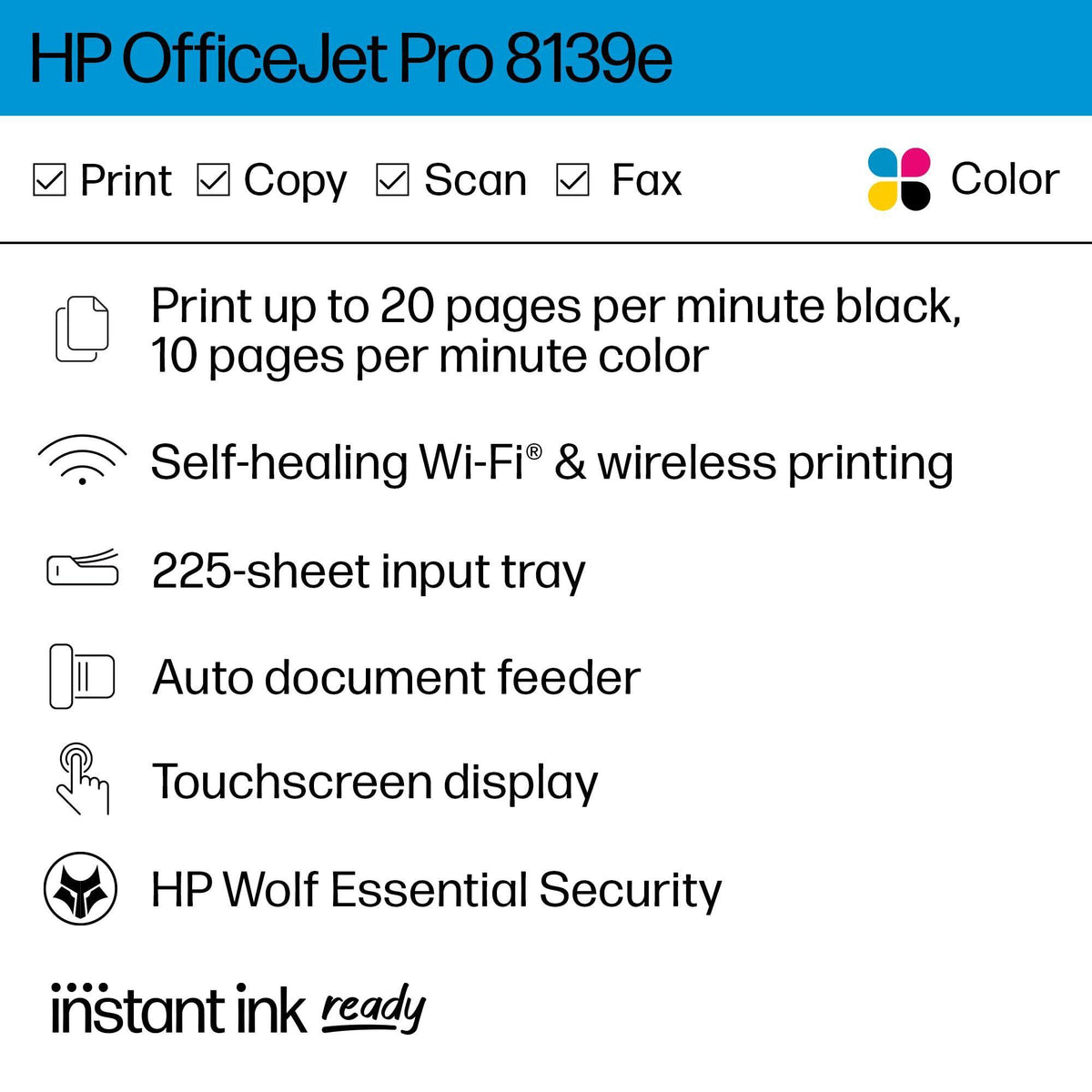 HP OfficeJet Pro 8139e Wireless All-in-One Color Inkjet Printer, Print, scan, Copy, fax, ADF, Duplex Printing Best-for-Home Office, 1 Year Instant Ink Trial Included