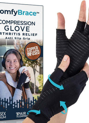 ComfyBrace Copper Arthritis Gloves, Hand Compression Gloves for Women & Men | Fingerless compression gloves for swelling, carpal tunnel, trigger finger, tendonitis and rheumatoid arthritis pain relief