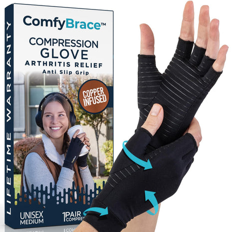 ComfyBrace Copper Arthritis Gloves, Hand Compression Gloves for Women & Men | Fingerless compression gloves for swelling, carpal tunnel, trigger finger, tendonitis and rheumatoid arthritis pain relief