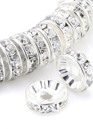 Allb 100Pcs Rondelle Spacer Beads 8mm Silver Plated Czech Crystal Rhinestone for Jewelry Making Loose Beads for Bracelets