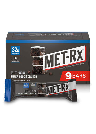 MET-Rx Big 100 Protein Bar, Meal Replacement Bar, 32G Protein, Super Cookie Crunch, 9 Bars (Pack of 1)