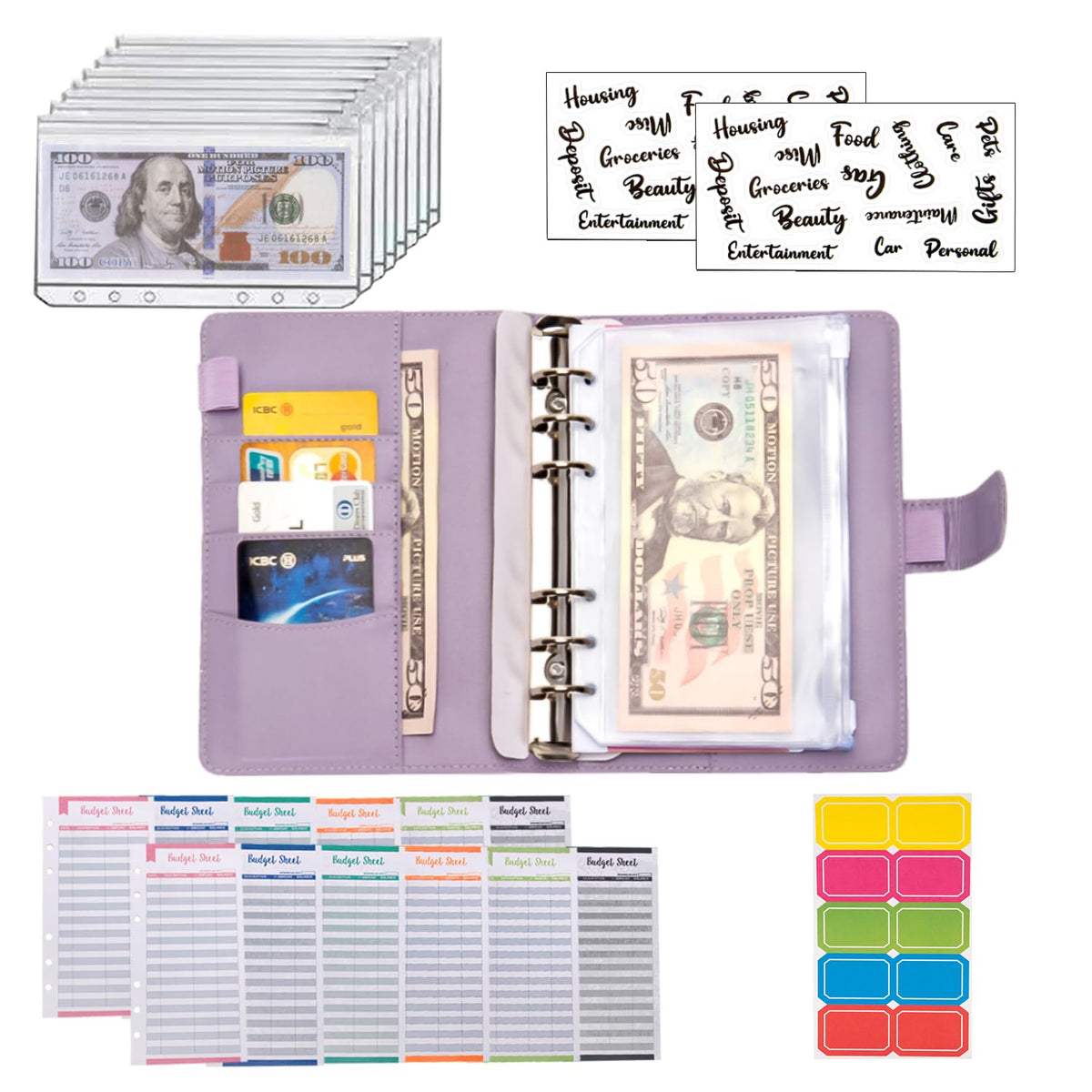 NICOOTHBudget Binder Cash Envelopes A6 Money Saving Binder with Zipper envelopes (Purple)