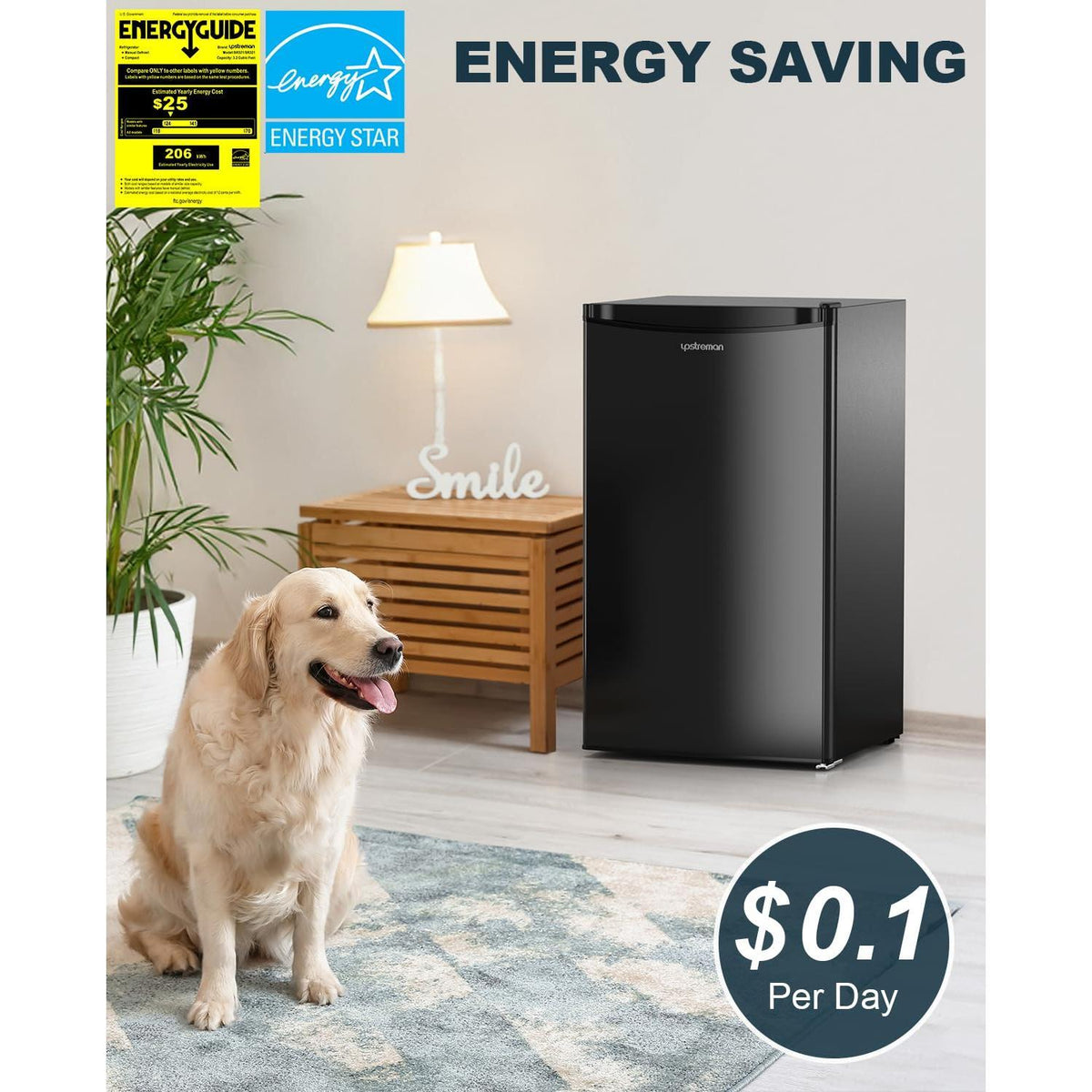 Upstreman 3.2 Cu.Ft Mini Fridge with Freezer, Single Door Mini Fridge, Dorm Fridge, Adjustable Thermostat, Mini Refrigerator for Bedroom, Office, Dorm, Black-BR321