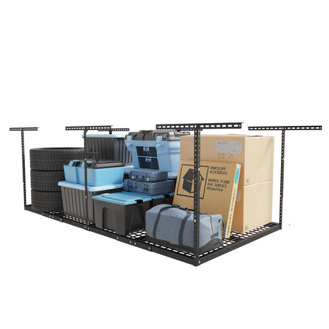 FLEXIMOUNTS 4x8 Overhead Garage Storage Rack, Adjustable Organization System, Heavy-Duty Metal Ceiling Racks, 750lbs Weight Capacity, Black, Classic Series