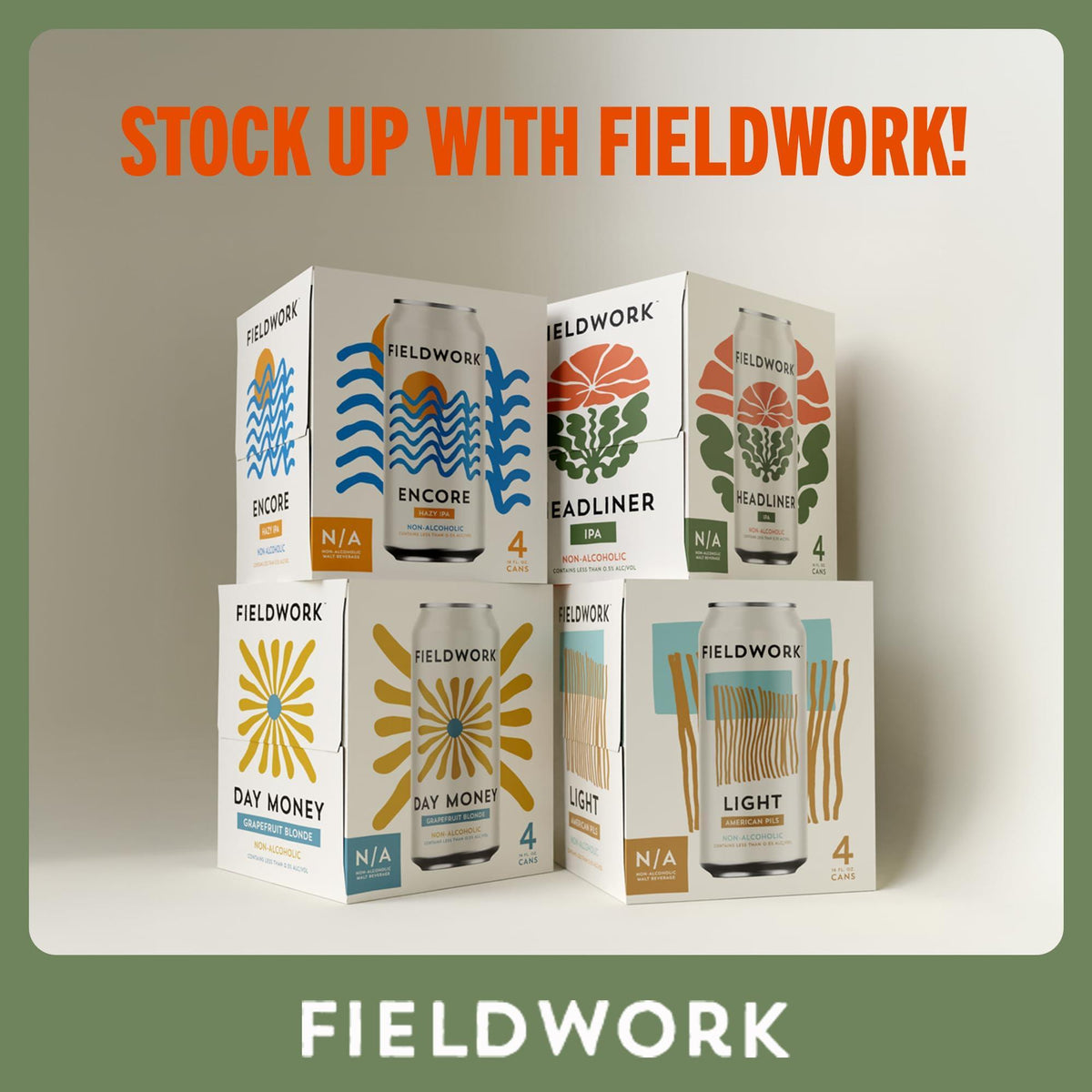 Fieldwork Non-Alcoholic Craft Beer 16 Fl Oz, Award-Winning Taste, Headliner IPA, Vegan, Low-Calorie, 4-Pack Cans