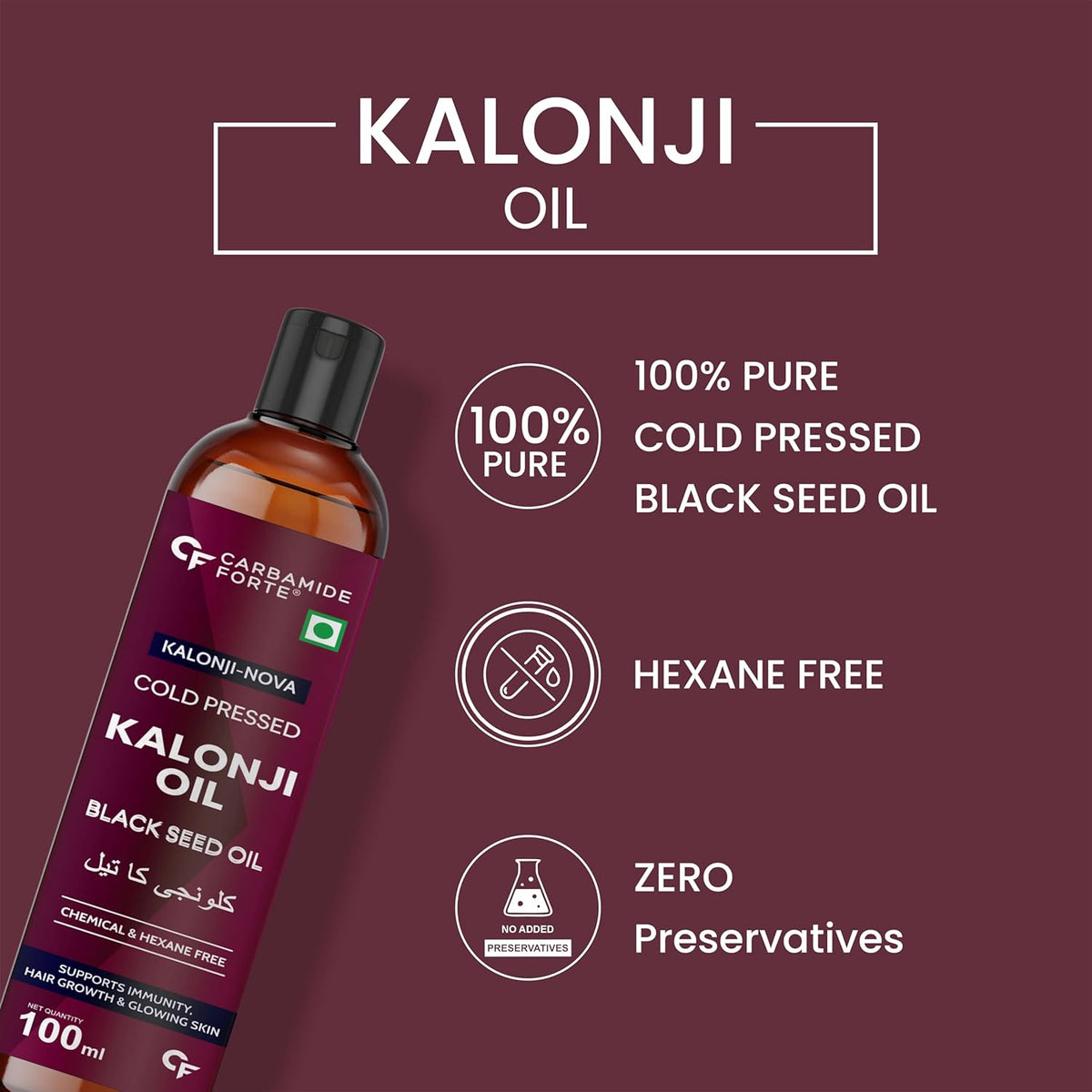 Carbamide Forte Cold Pressed Kalonji Oil for Hair Growth- Pure Black Seed Oil for Hair Growth & Skin - Virgin Grade Nigella Sativa - 100ml