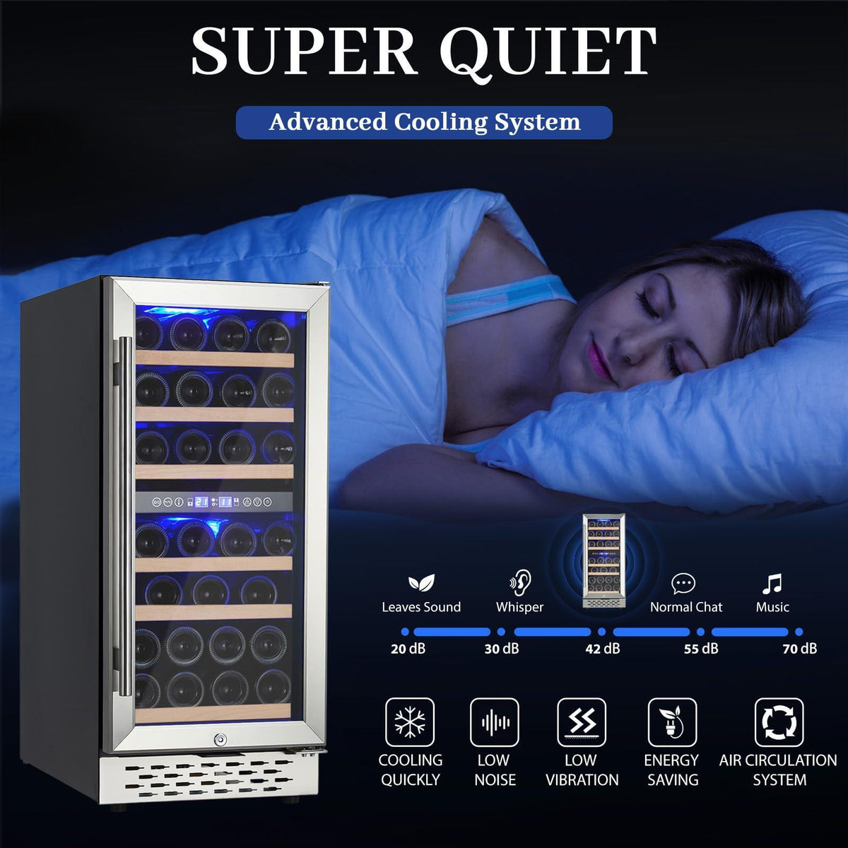 15 Inch Wine Cooler Refrigerator - 28 Bottle Capacity, Double-Layer Glass Door, Temperature Stable System, Digital Control, Single Area Dual Temperature, Built-in or Freestanding, with Lock