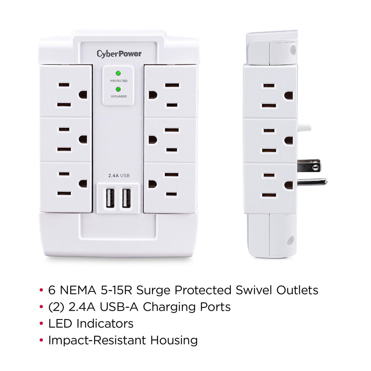 CyberPower CSP600WSURC2 Surge Protector, 1200J/125V, 6 Swivel Outlets, 2 USB Charging Ports, Wall Tap Design, White