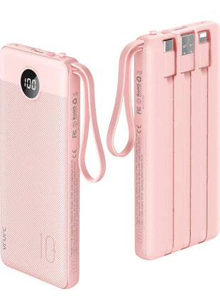 VRURC Portable Charger Power Bank, Built-in 4 Cables & 2 Ports,10000mAh Slim Battery Pack with LED Display, Travel Essential USB C Portable Phone Charger for All Cell Phones Devices-Pink(1 Pack)