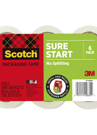 Scotch Sure Start Packing Tape, Clear, Quiet Unwind and Easy Start, 1.88 in. x 25 yd., 6 Tape Rolls, Designed for Packing, Shipping and Mailing, No Splitting or Tearing, 1.5 inch Core, Packaging May Vary