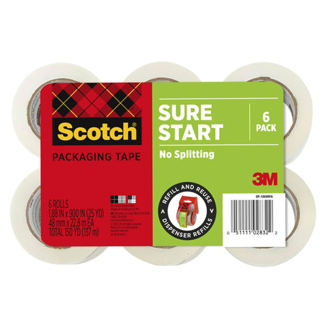 Scotch Sure Start Packing Tape, Clear, Quiet Unwind and Easy Start, 1.88 in. x 25 yd., 6 Tape Rolls, Designed for Packing, Shipping and Mailing, No Splitting or Tearing, 1.5 inch Core, Packaging May Vary