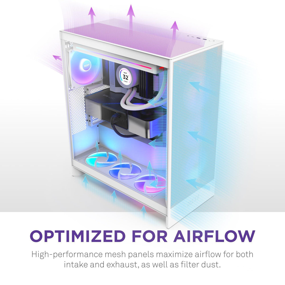 NZXT H7 Flow RGB | Mid-Tower ATX Airflow Case with 360mm RGB Single Frame Fan | Supports Bottom Fans for Direct GPU Cooling | Cable Management | White