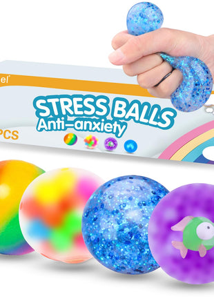 4 Pack Stress Balls, Squishy Balls, Squishy Fidget Stress Relief | Squeeze Ball for Adults Stress Relieve, Prize Box for Friends, Party Favors