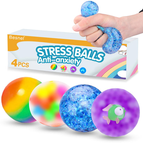 4 Pack Stress Balls, Squishy Balls, Squishy Fidget Stress Relief | Squeeze Ball for Adults Stress Relieve, Prize Box for Friends, Party Favors