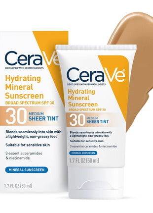 CeraVe Hydrating Mineral Sunscreen SPF 30 with Sheer Tint, Tinted Mineral Sunscreen with Zinc Oxide & Titanium Dioxide, Blends Seamlessly For Healthy Glow, Medium, 1.7 Fluid Ounce