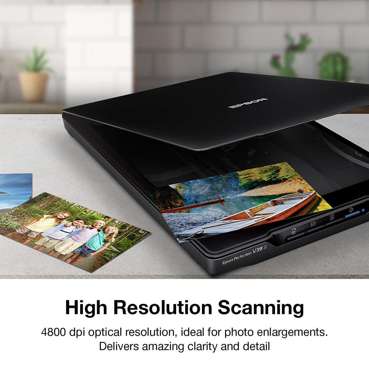 Epson - Perfection V39 II - Color Photo and Document Flatbed Scanner - 4800 dpi Optical Resolution - High-Rise, Removable Lid - Scan to Cloud - USB Power - Image Scanning - Black