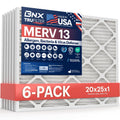 BNX TruFilter 20x25x1 Air Filter MERV 13 (6-Pack) - MADE IN USA - Electrostatic Pleated Air Conditioner HVAC AC Furnace Filters for Allergies, Pollen, Mold, Bacteria, Smoke, Allergen, MPR 1900 FPR 10