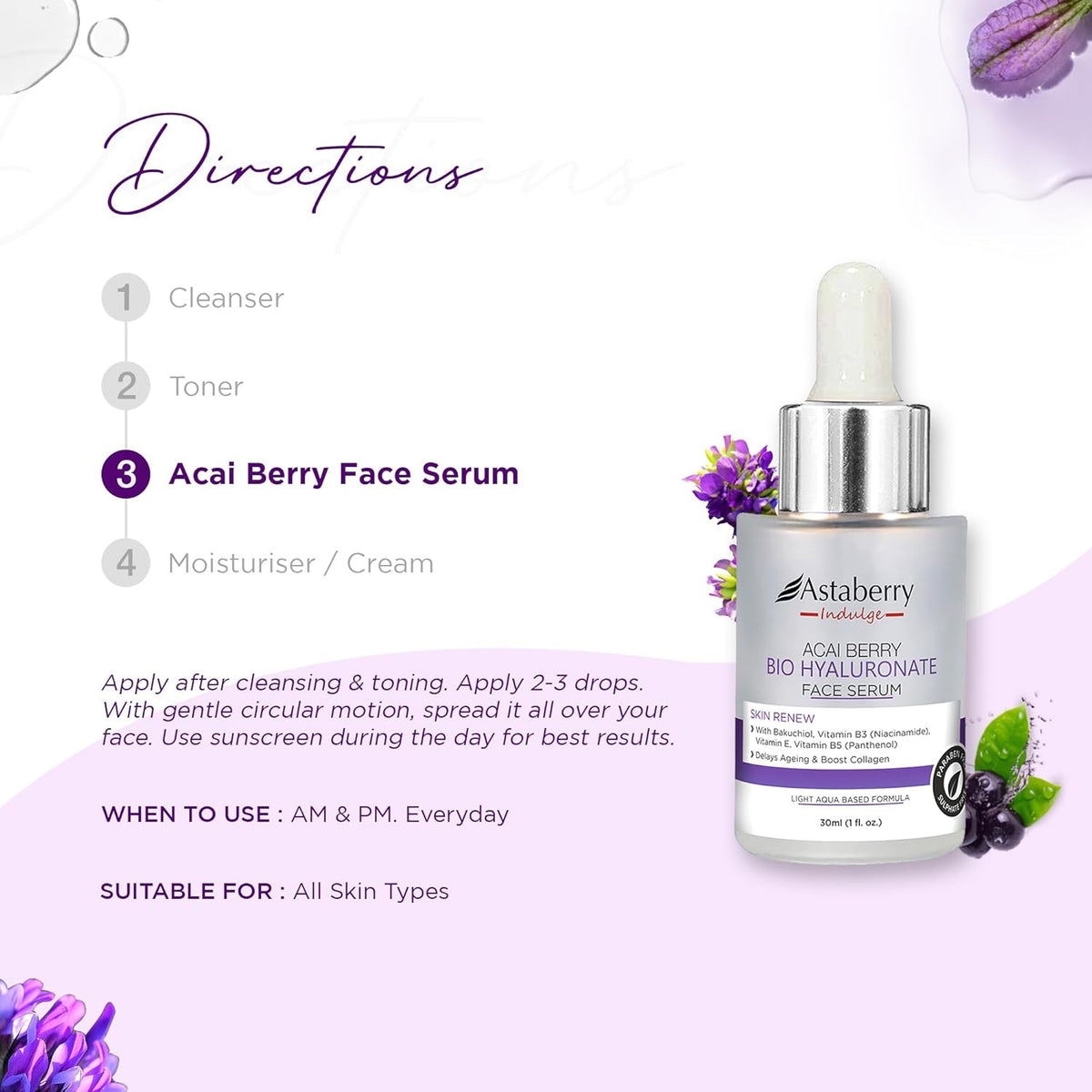 Astaberry Indulge Acai Berry Anti-Aging Face Serum with Niacinamide & Bakuchiol | For Glowing Skin, Hydration, Reduces Fine Lines & Wrinkles | Vitamin B3 & Vitamin E (30ml)