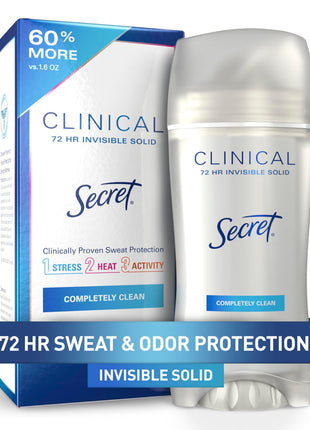 Secret Clinical Strength Invisible Solid Antiperspirant Deodorant for Women, 100HR Sweat & Odor Protection, 3X Stress Protection with Hyaluronic Acid, PH Balanced, Completely Clean Scent, 2.6 oz