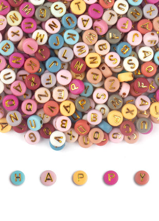 SUTOUG 1000PCS Colourful Letter Beads for Threading, 4 x 7 MM Acrylic Round Beads for Jewellery DIY Making Crafts Bracelets Necklaces Ornaments-Gold