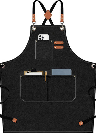 AFUN Chef Aprons for Men Women with Large Pockets, Cotton Canvas Cross Back Heavy Duty Adjustable Work Apron, Size M to XXL (Black)