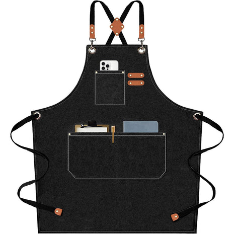 AFUN Chef Aprons for Men Women with Large Pockets, Cotton Canvas Cross Back Heavy Duty Adjustable Work Apron, Size M to XXL (Black)