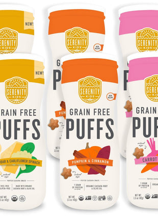 Serenity Kids 6+ Months Grain-Free Baby Puffs Snack - Baby & Toddler Snacks for 6+ Months - No Added Sugar & Gluten & Rice Free - BPA & Allergen Safe with Organic Cassava & Veggies - 1.5 Oz, 6 Pack