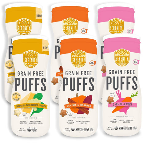 Serenity Kids Baby Puffs, Baby Snacks, Organic Puffs, 1.5 Oz, 6 Pack | No Added Sugar, Grain Free, Gluten Free, Dissolves Fast, No Mess Canister, Baby Food Puffs