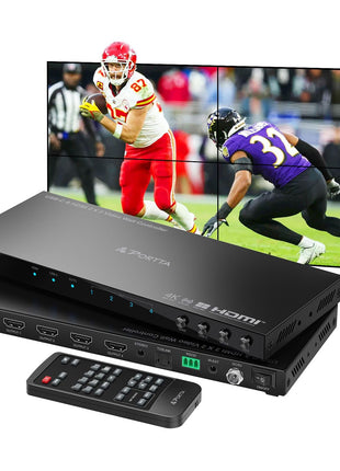 PORTTA 2x2 HDMI or USB-C Video Wall Controller 4K 60Hz, Video Wall Processor with 11 Splicing Modes, RS232, 180° Rotate, Audio Extractor, 2x2,1x2,1x3,1x4,2x1,3x1x4x1, 4 tv Screens into 1 Wall Display