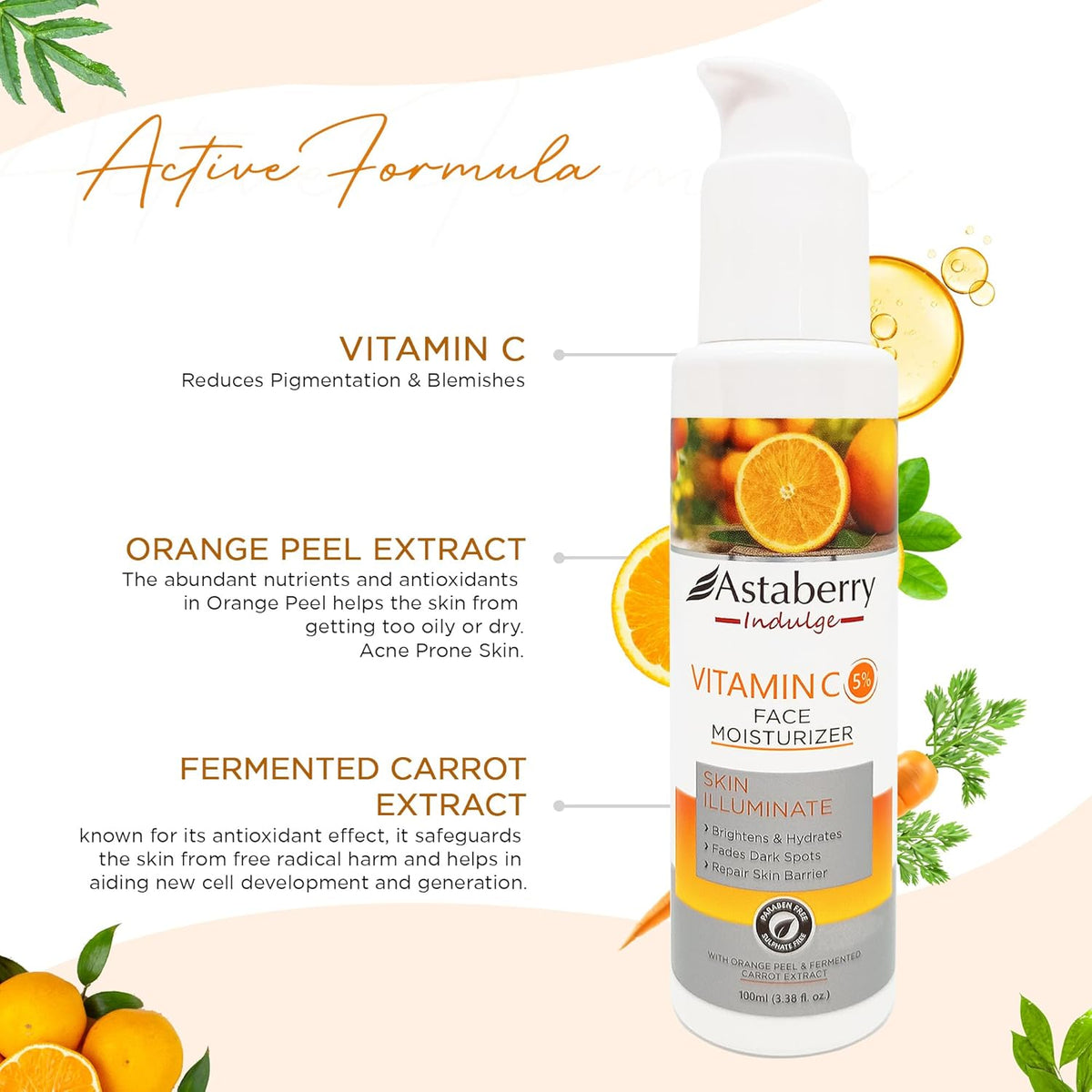 Astaberry Indulge Vitamin C Face Moisturizer for Glowing Skin | Hydrates Skin | Fades Dark Spots | With Orange Peel & Fermented Carrot Extract | Boosts collagen -100ml