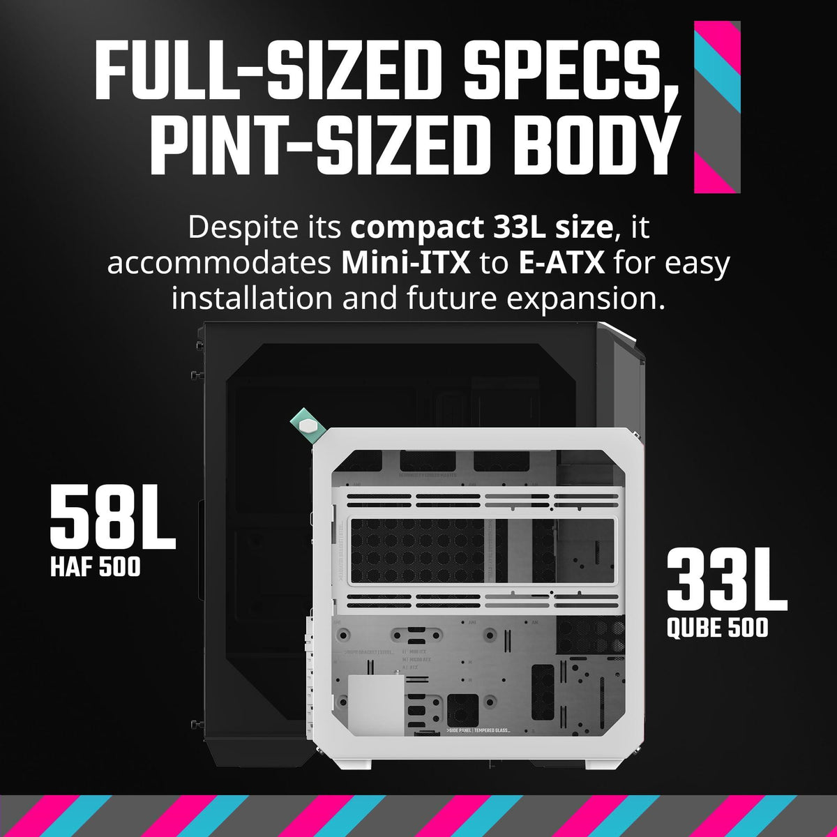 Cooler Master QUBE 500 Flatpack Macaron High Airflow Gaming ATX PC Mid-Tower, Customizable, Tempered Glass, Vertical GPU Mount, 365mm GPU Clearances, USB-C, Carrying Handle, Gem Mini