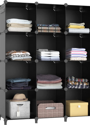 Closet Organizers and Storage, 12 Cube Storage Organizer, Portable Closet Organization Clothes Shelves for Kids, Closet, Bedroom, Bathroom, Office, Black