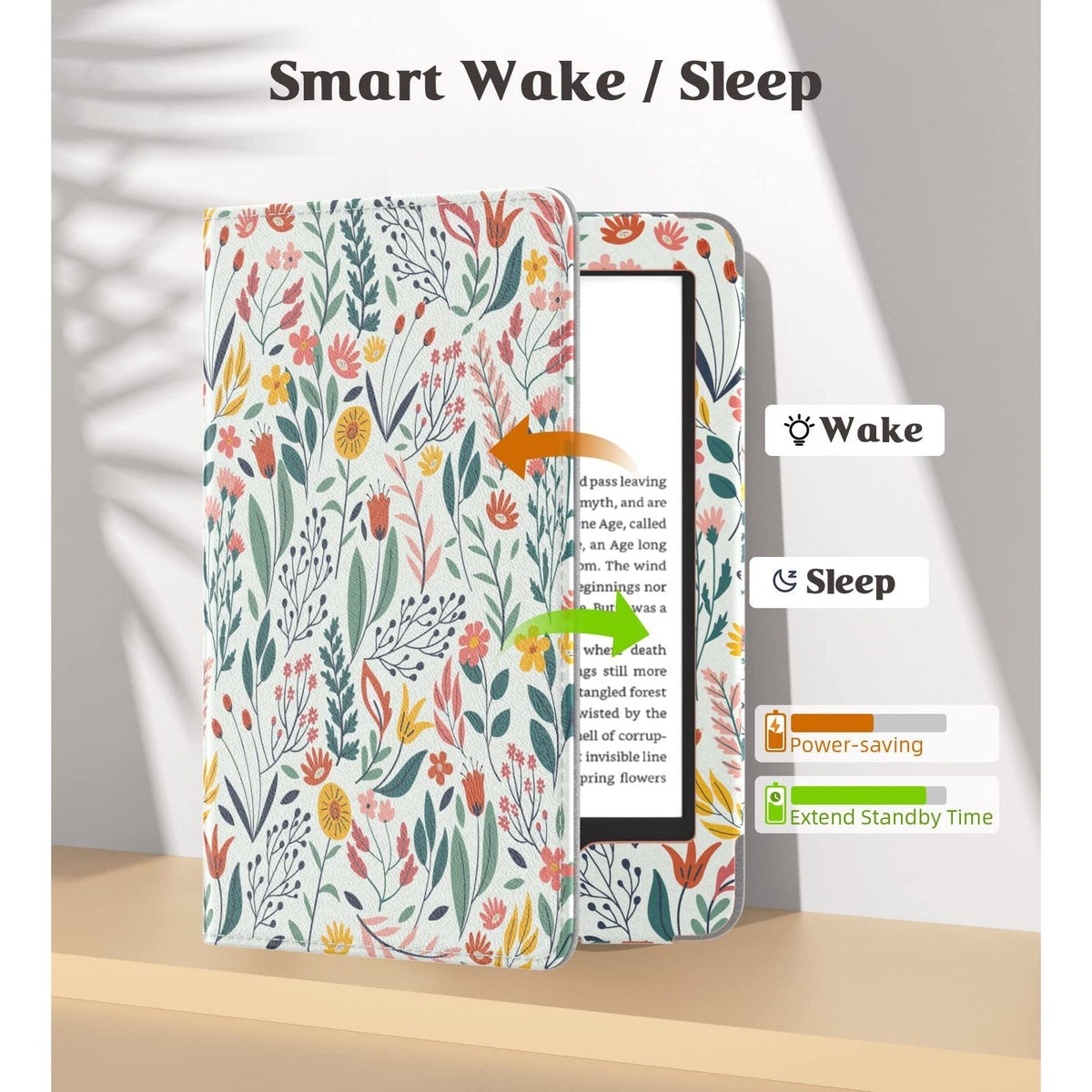 MoKo Case Fits All-New 6" Kindle (11th Generation, 2024/2022 Release)(10/8th Gen,2019/2016), Ultra Lightweight PU Shell Cover with Auto Wake/Sleep for Kindle 2024, Flowers