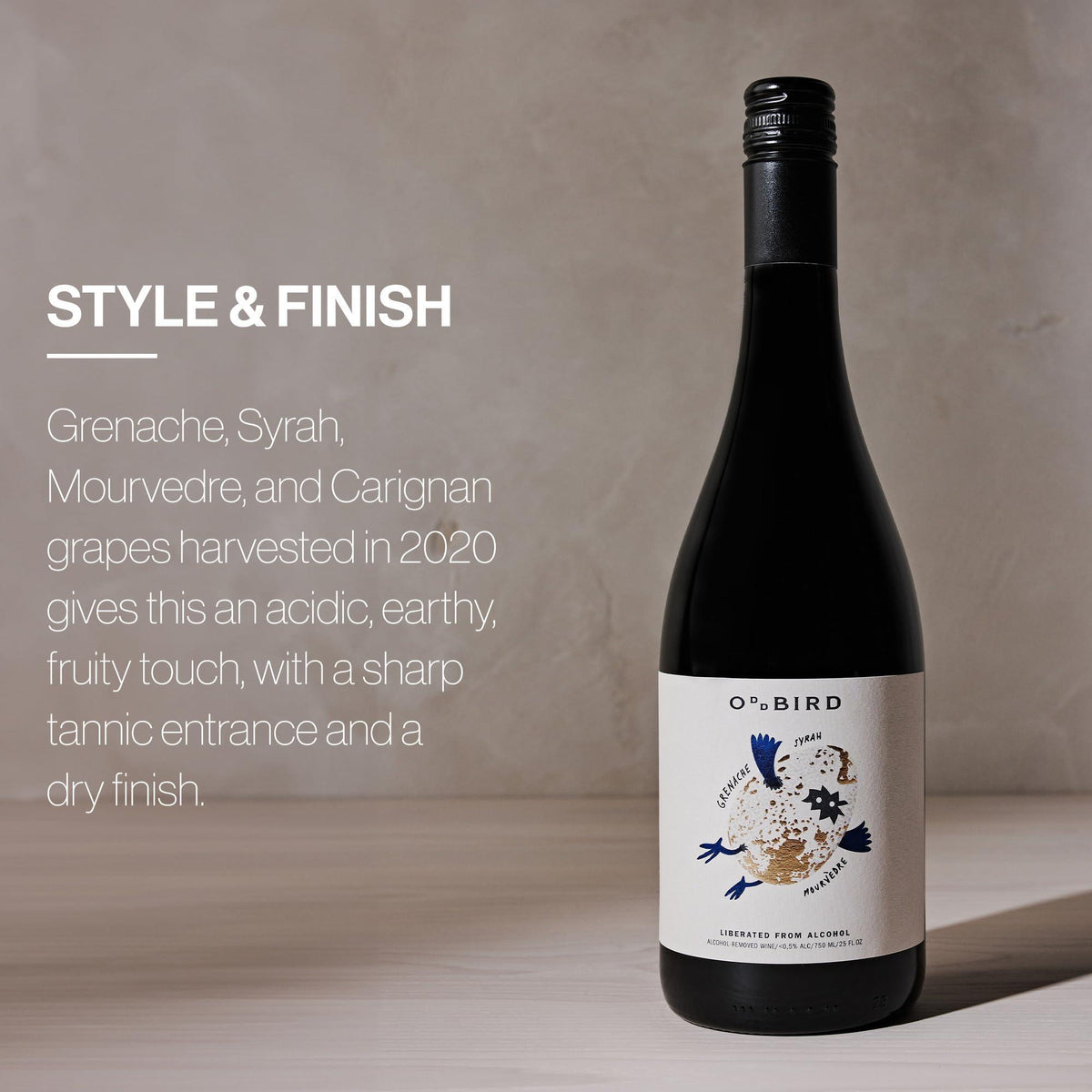 Oddbird GSM Non Alcoholic Red Wine, Gluten Free, Non-Alcoholic Dry Red Wine, Zero Proof with Dealcoholized Grapes from South of France, Acidic Earthy Notes with Fruit Touches. 25.4 fl oz Bottle