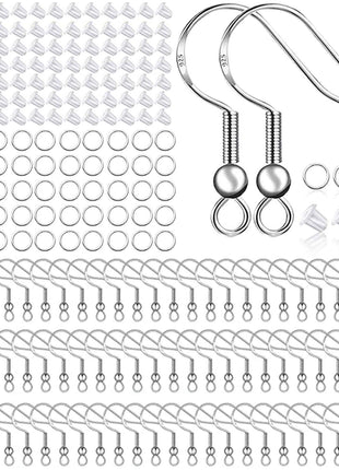 925 Sterling Silver Plated Earring Hooks 150 PCS/75 Pairs,Ear Wires Fish Hooks,500pcs Hypoallergenic Earring Making kit with Jump Rings and Clear Silicone Earring Backs Stoppers (Silver)