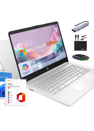 HP 14 inch Laptop 2025 Business Student Slim Computer, Lifetime MS Office, Copilot AI, Quad-Core Intel CPU, 16GB RAM, 628GB Storage (128GB UFS+500GB Ext), MarxsolAccessory, Wi-Fi 6, Win 11 Pro, Silver