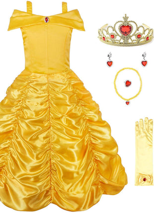 JerrisApparel Princess Dress Off Shoulder Layered Costume for Little Girl (5 Years, Yellow with Accessories)