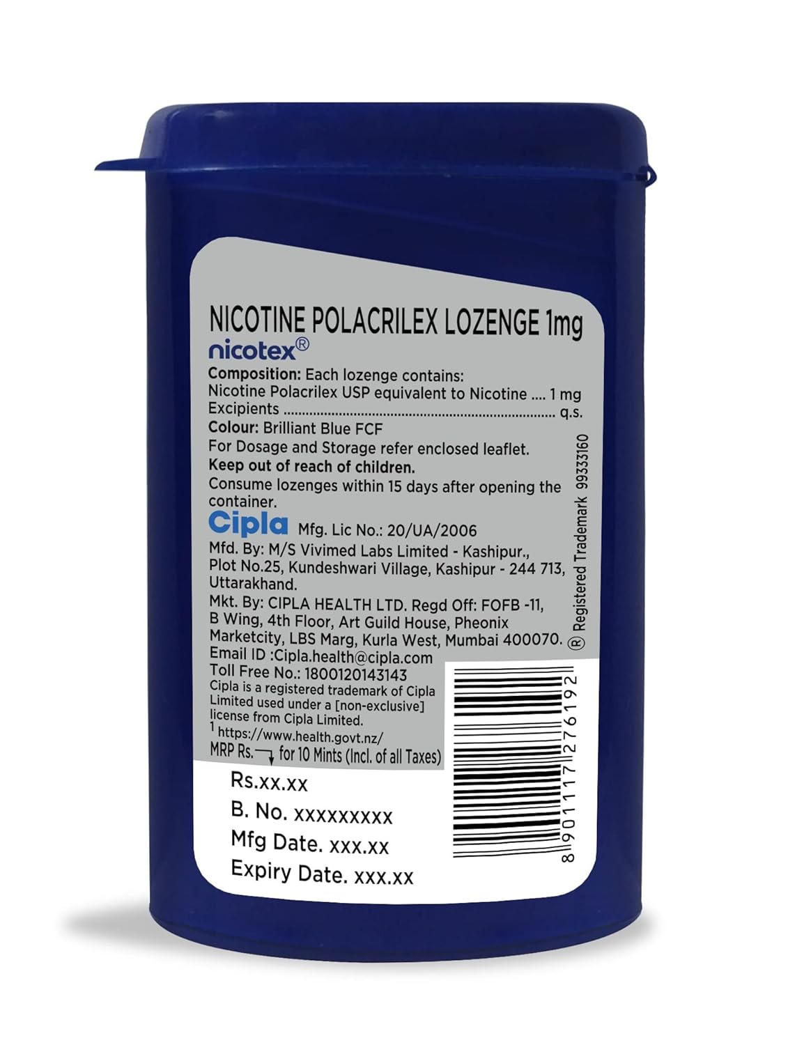 Cipla Nicotex Mints | Nicotine 2mg Lozenges (240 Pcs) | Helps Quit Smoking | Sugar Free | Cool Mint Plus Flavour (10 * 24 Pcs)