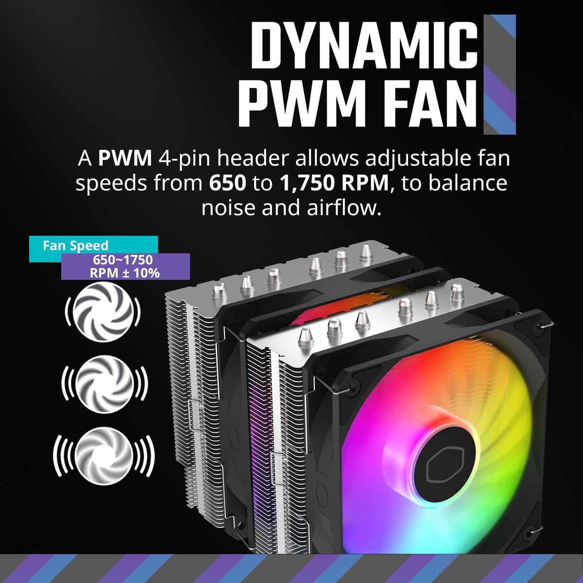 Cooler Master Hyper 620S Dual Tower CPU Air Cooler, ARGB Sync, 120mm PWM Fan, 6 Copper Direct Contact Heat Pipes, 154.9mm Tall Silver
