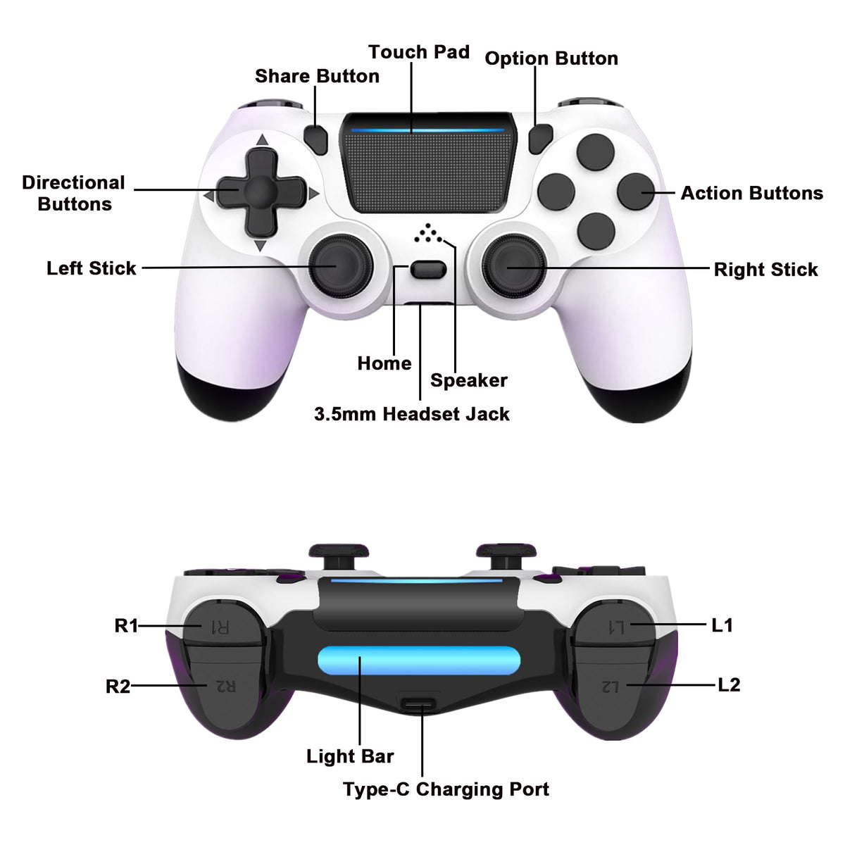 MOVONE Wireless Controller for PS4,Dual Vibration Game Joystick/Motion Sensing/Touchpad/Speaker/3.5mm Headphone,Compatible with PS4/Slim/Pro Console/PC(white+black)