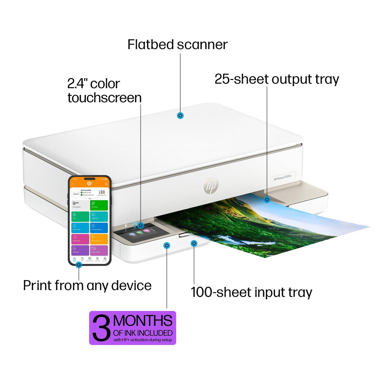 HP Envy 6155e Wireless All-in-One Color Inkjet Printer, Print, scan, Copy, Duplex Printing Best-for-Home, 3 month Instant Ink trial included (714L5A)