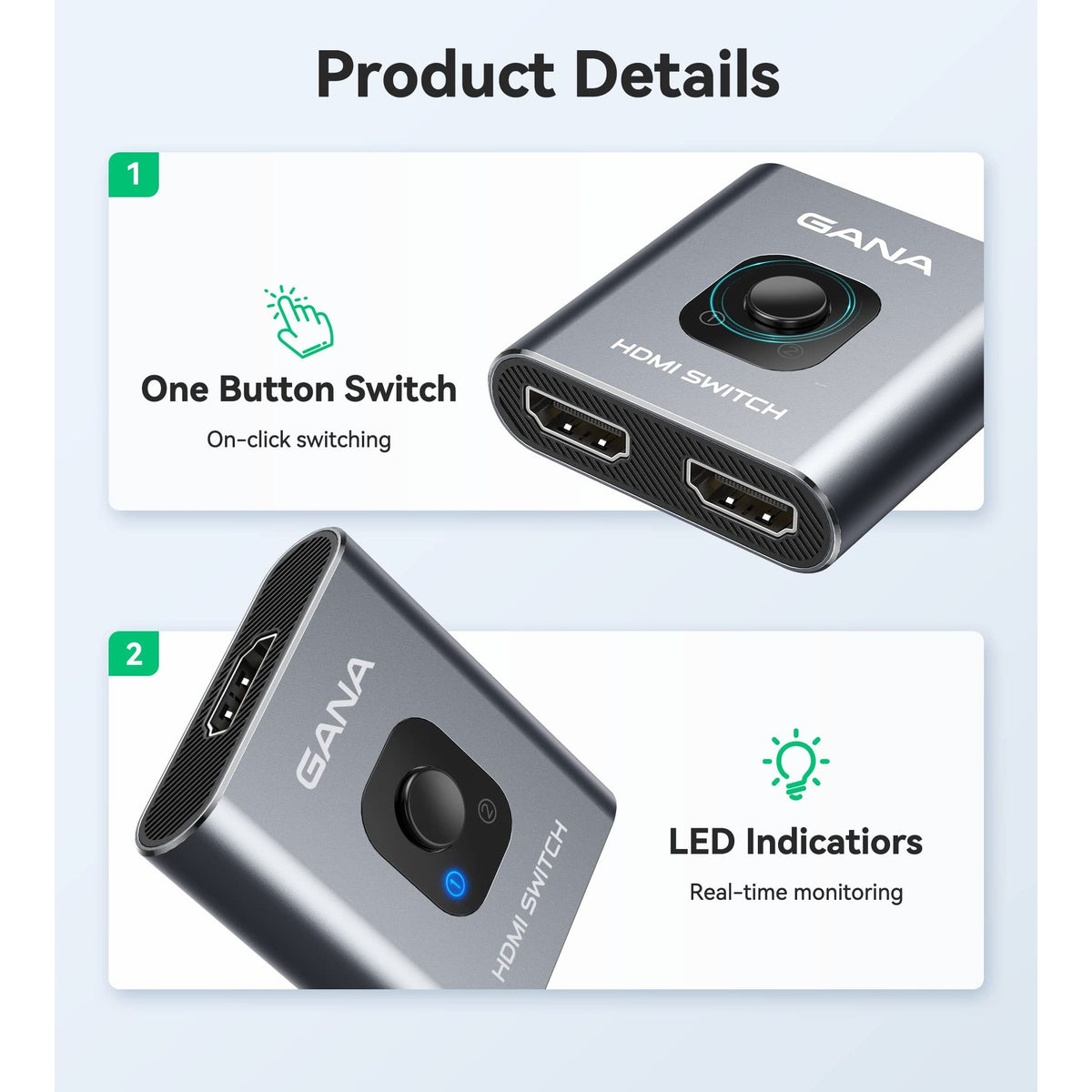 HDMI Switch 4k@60hz Splitter, GANA Aluminum Bidirectional HDMI Switcher 2 in 1 Out, Manual HDMI Hub Supports HD Compatible with Xbox PS5/4/3 Blu-Ray Player Fire Stick Roku