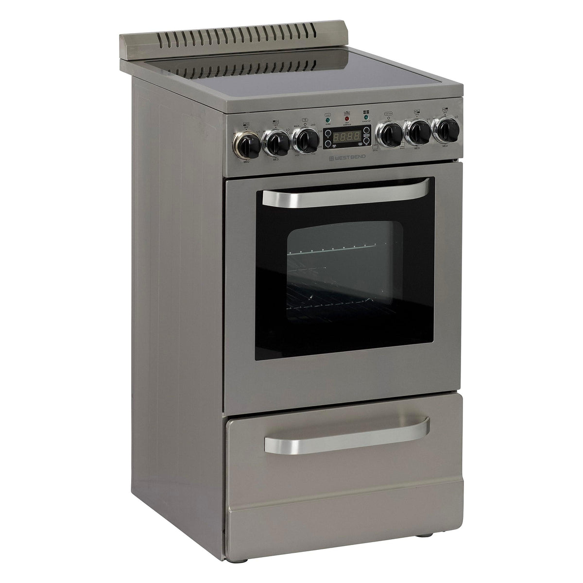 West Bend WB200ERPSS 20-Inch Electric Range, Compact Design, Top with 4 Cooking Zones, Glass Oven Door, Storage Drawer, and Rotisserie Accessories, 2.0 Cu. Ft, Stainless Steel, Metallic