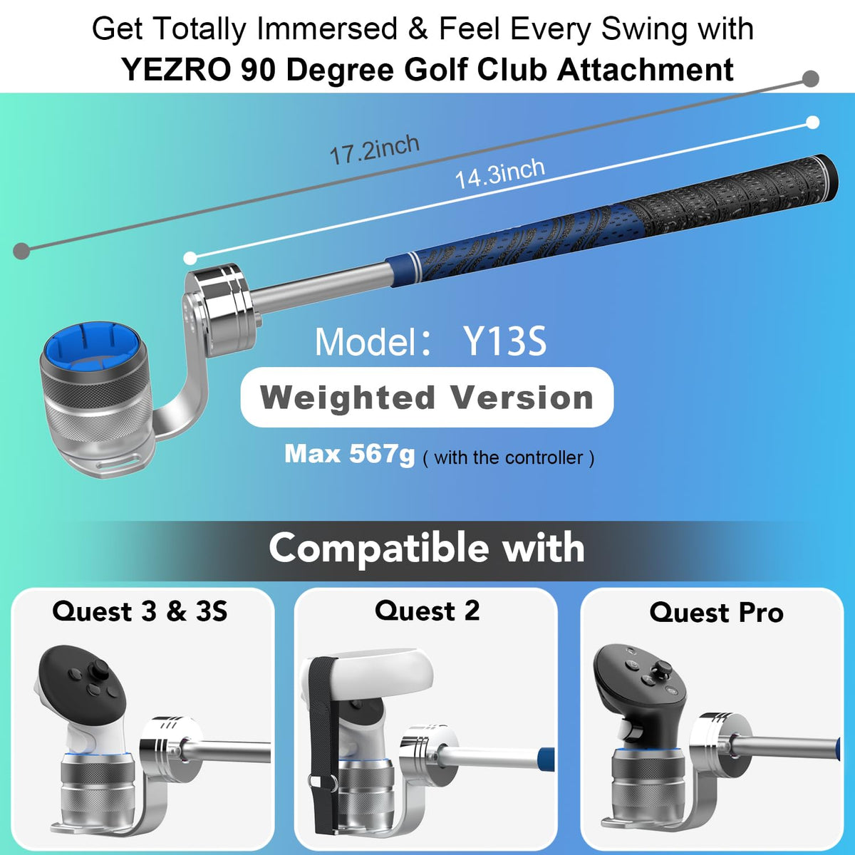 YEZRO Golf Club Attachment for Meta Quest 3S/3 - Adjustable Weighted Aluminum VR Golf Club Handle Accessories for Golf + with Real Grip, 90 Degree Design Keep Tracking | 2024 Upgrade Screws (Weighed)