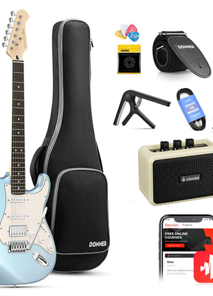 Donner DST 152R Electric Guitar, 39 inch Beginner Electric Guitar Kit, HSS Pickup with Coil Split, Guitar Starter Set with Amp, Bag, All Accessories, Metallic Ice Blue